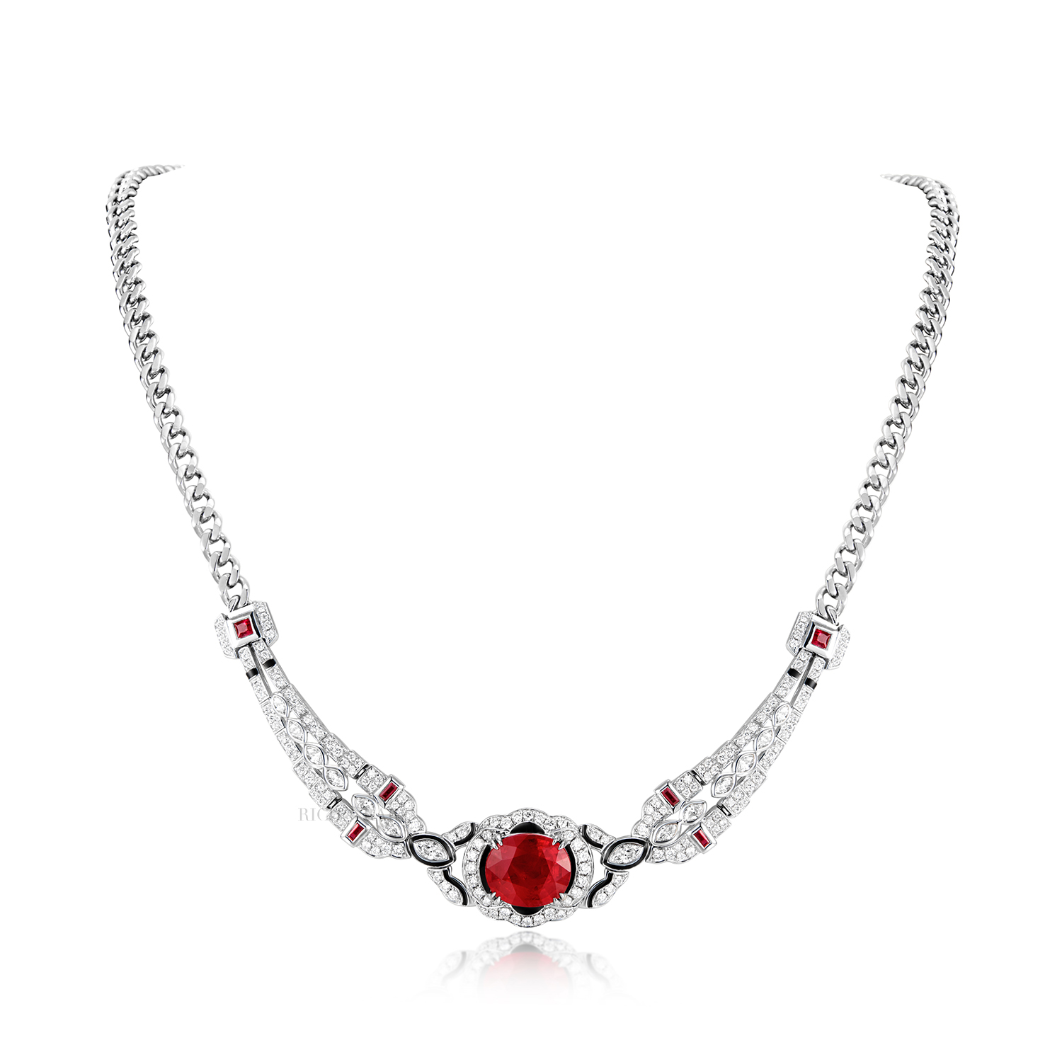 RUBY, ENAMEL AND DIAMOND NECKLACE